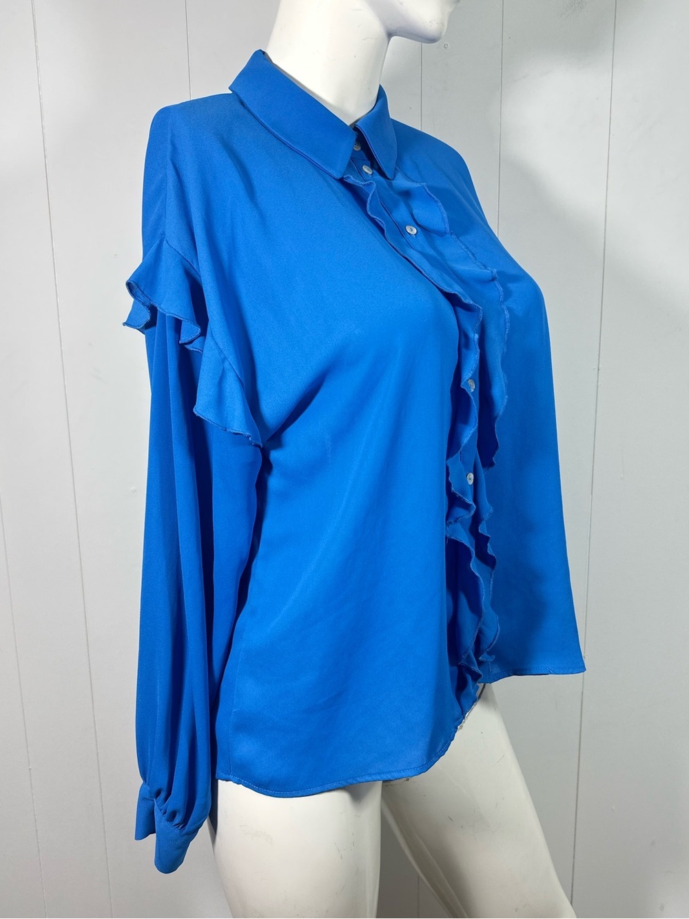 Zara Women's Size M Blue Long Sleeve Ruffle Button Down Shirt Blouse Top - Picture 3 of 11